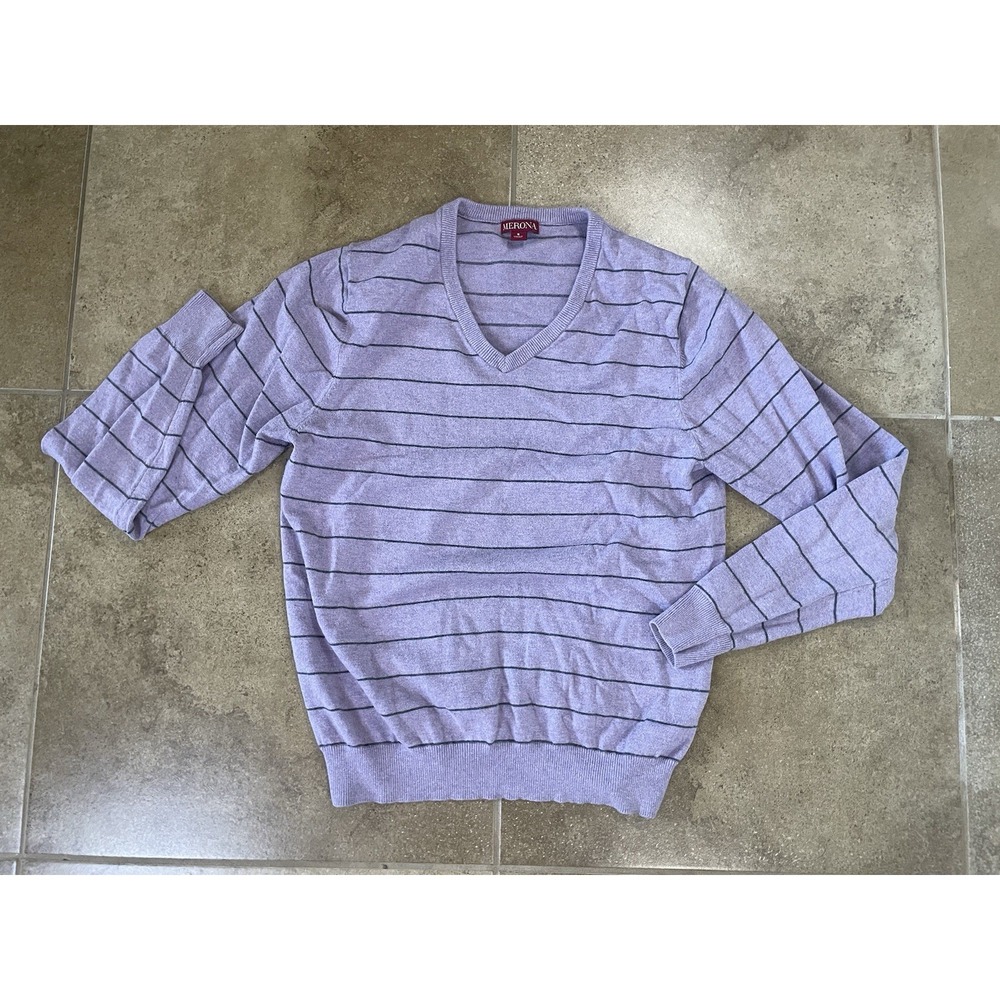 Merona Sweater Mens Sz S Purple Striped Black V-neck Knit Office Business Casual